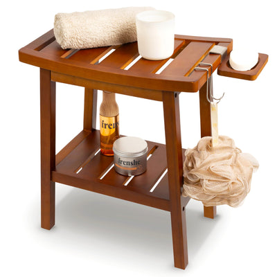 Bamboo Shower Bench for Inside Shower – Waterproof Bathroom Spa Seat with Shelf, Hooks & Soap Tray – Wood Shower Stool for Shaving, Sauna, or Small Bathroom – Walnut