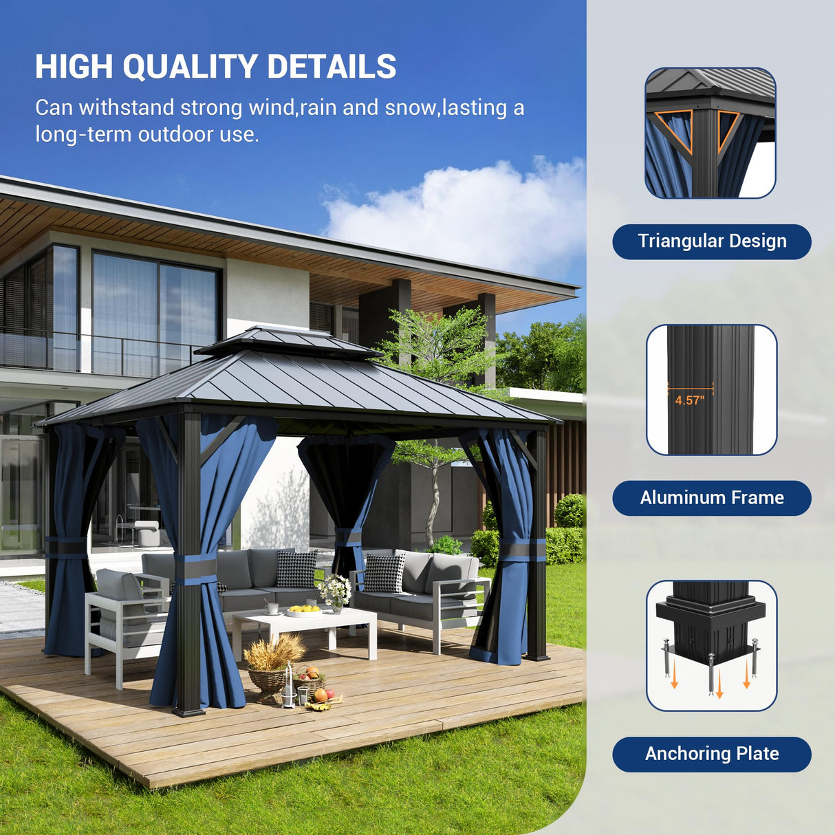 Amopatio 10' X 12' Hardtop Gazebo, Permanent Aluminum Gazebo with Galvanized Steel Double Roof, Outdoor Metal Gazebos with Curtain and Netting for Patio, Deck and Backyard, Blue Amopatio