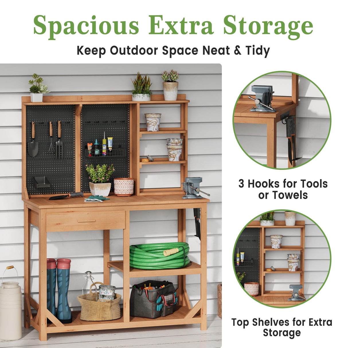 Wooden Potting Benches for Outside, Large Garden Potting Table with Drawers, Outdoor Work Bench with Storage, Holey Board and Hooks, Garden Plant Workbench Patio Workstation for Backyard, Natural Hipicute