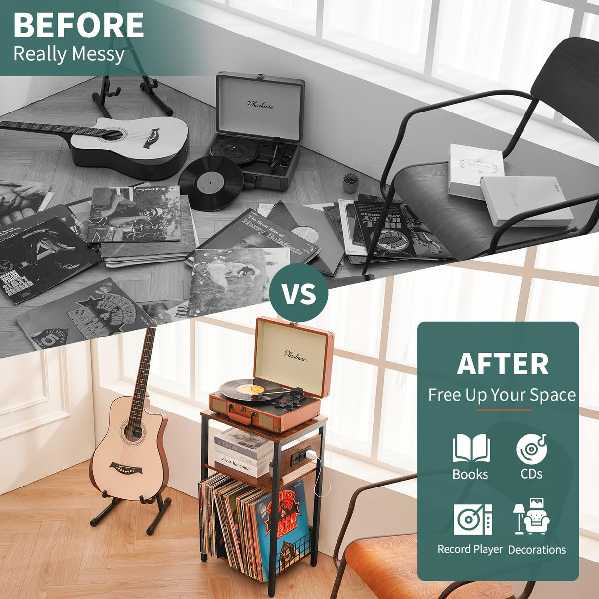 Yoobure Record Player Stand, 3-Tier Side Table with Charging Station, Small End Table Nightstand for Vinyl Storage, Tall Beside Tables Turntable Stand for Album CD, Night Stand for Living Room Bedroom Yoobure