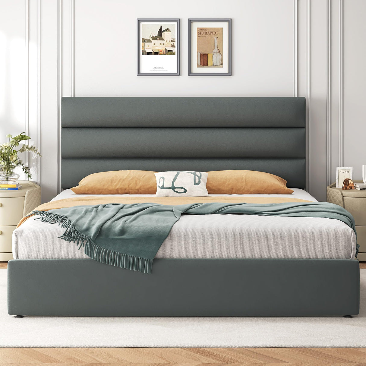 Lifezone Queen Bed Frame with Storage Drawers, Queen Size Platform Bed Frame with Velvet Upholstered Headboard, Metal Support, No Box Spring Needed, Noise-Free, Easy Assembly, Bedroom Furniture, Grey Lifezone