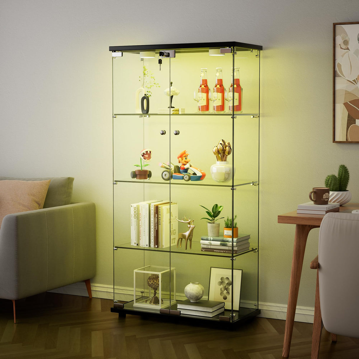 Yoluckea Glass Cabinet with LED Light, 4 Shelves Glass Display Cabinet w/2 Doors,Floor Standing Clear Glass Curio Cabinet Collection Display Cabinet for Living Room Bedroom 64.7” x 31.7” x 14.3” Black Yoluckea