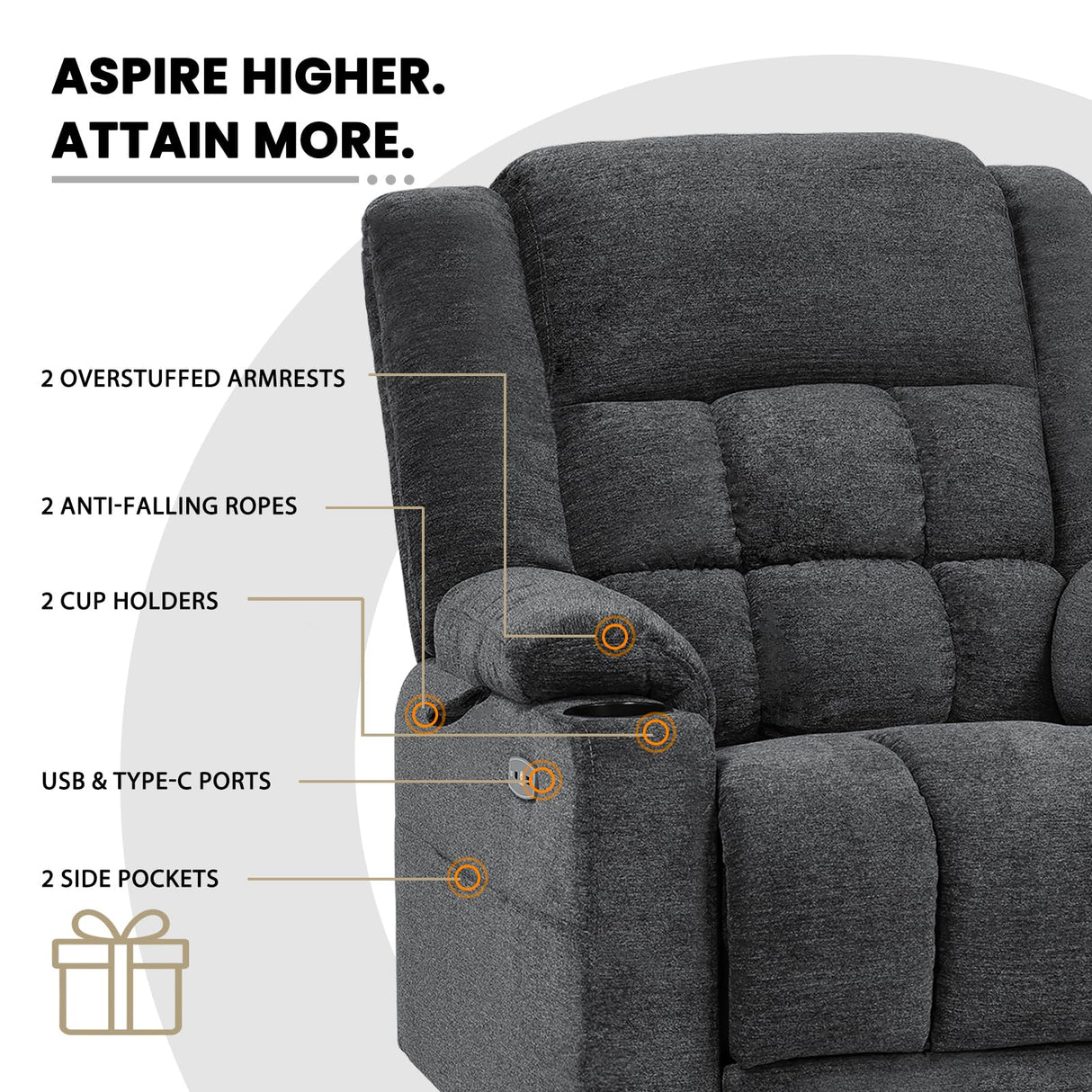 EONIX Dual Motor Lay Flat Power Lift Recliner Chair for Elderly, Electric Recliner Lift Chair for Adults with Heat and Massage, Cup Holders, 400lbs Heavy Duty, SLRY014062, Dark Grey EONIX