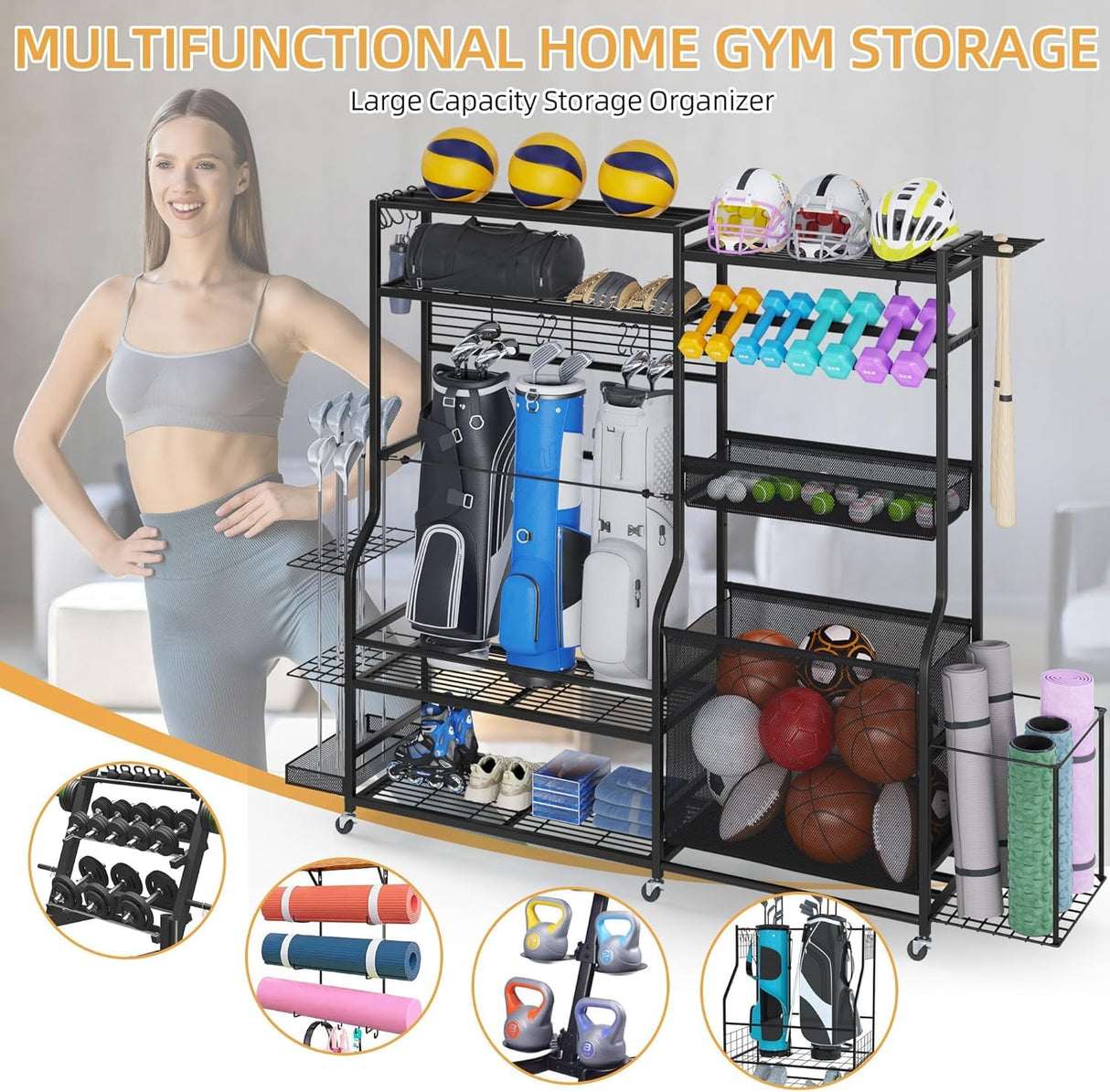 DWVO Sports Equipment Organizer, 3 Golf Bags Storage Stand with Wheels, Sport Gear Accessories Rack and Ball Organizer Bin for Garage DWVO