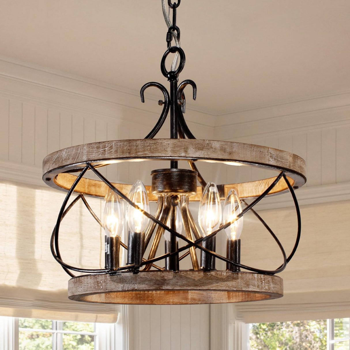 20" Farmhouse Chandelier, 5-Light French Country Drum Chandelier Over Table, Wood Chandelier for Kitchen Island Dining Room Entryway Chords Attic