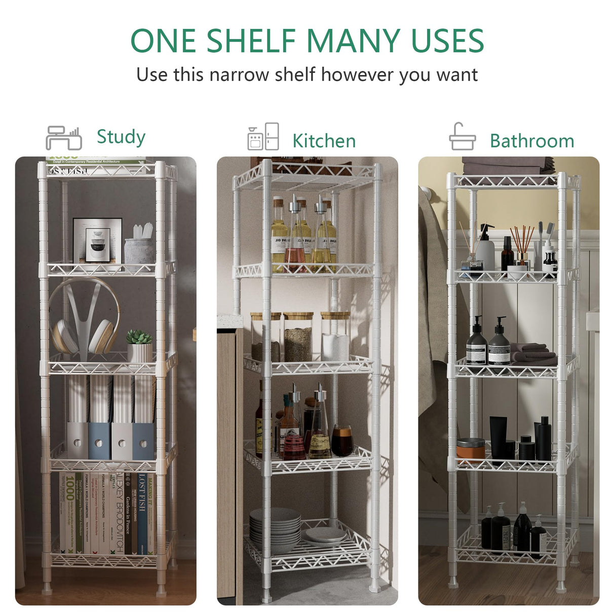 GIOTORENT 5 Tier Standing Shelving Metal Units, Adjustable Height Wire Shelf Display Rack for Laundry Bathroom Kitchen 11.8 W x 11.8 D x 50 H (5-Tier, White) GIOTORENT