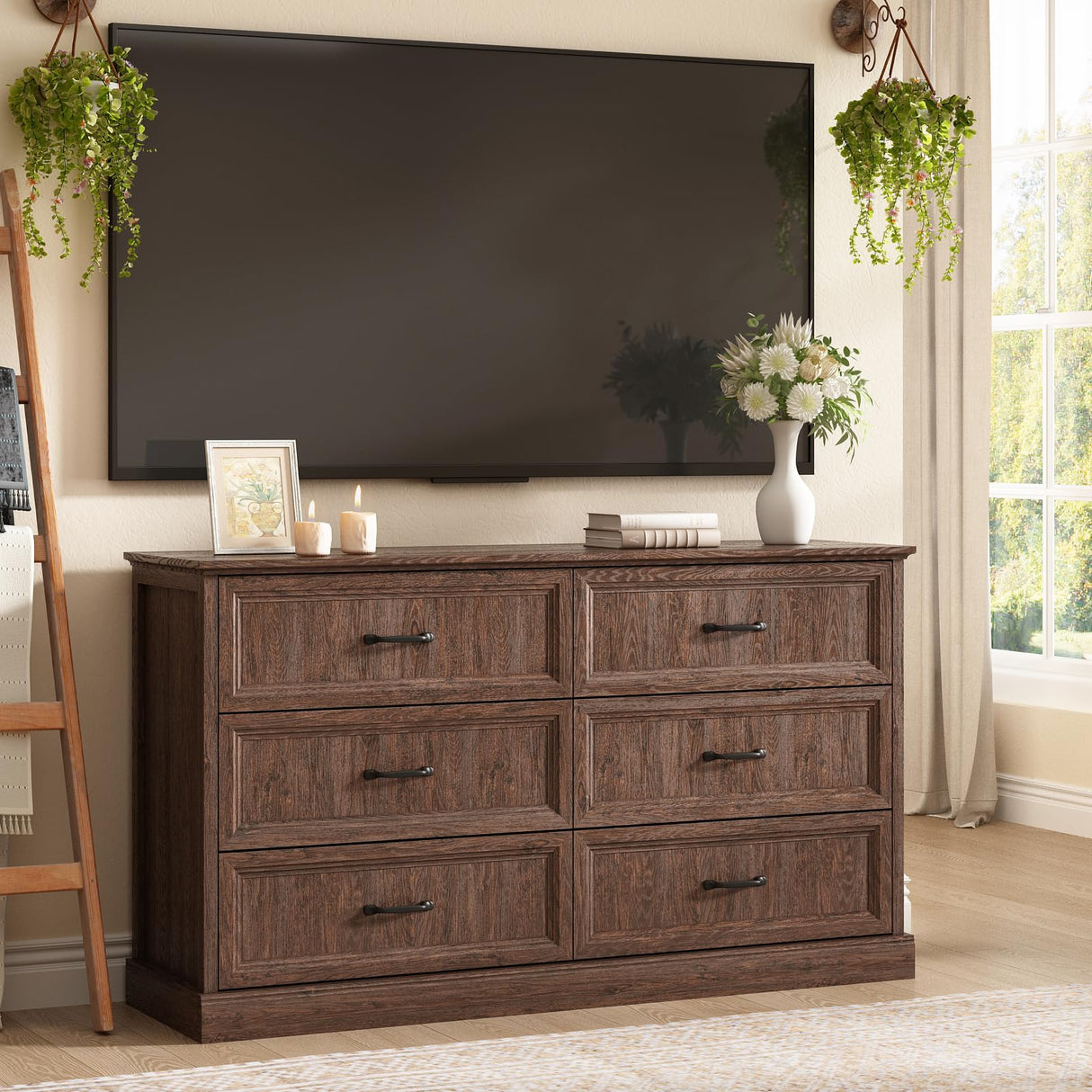 Farmhouse 6 Drawer Dresser for Bedroom, 55 Inch Wide Modern Brown Dresser TV Stand with Large Drawers & Bar Handles, Rustic Wood Chest of Drawers for Bedroom, Living Room, Hallway, Entryway. CARPETNAL