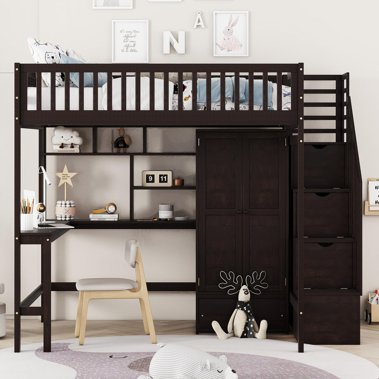 URTR Espresso Full Loft Bed with Storage Stairs, Wardrobe, and Desk for Optimal Space Utilisation URTR