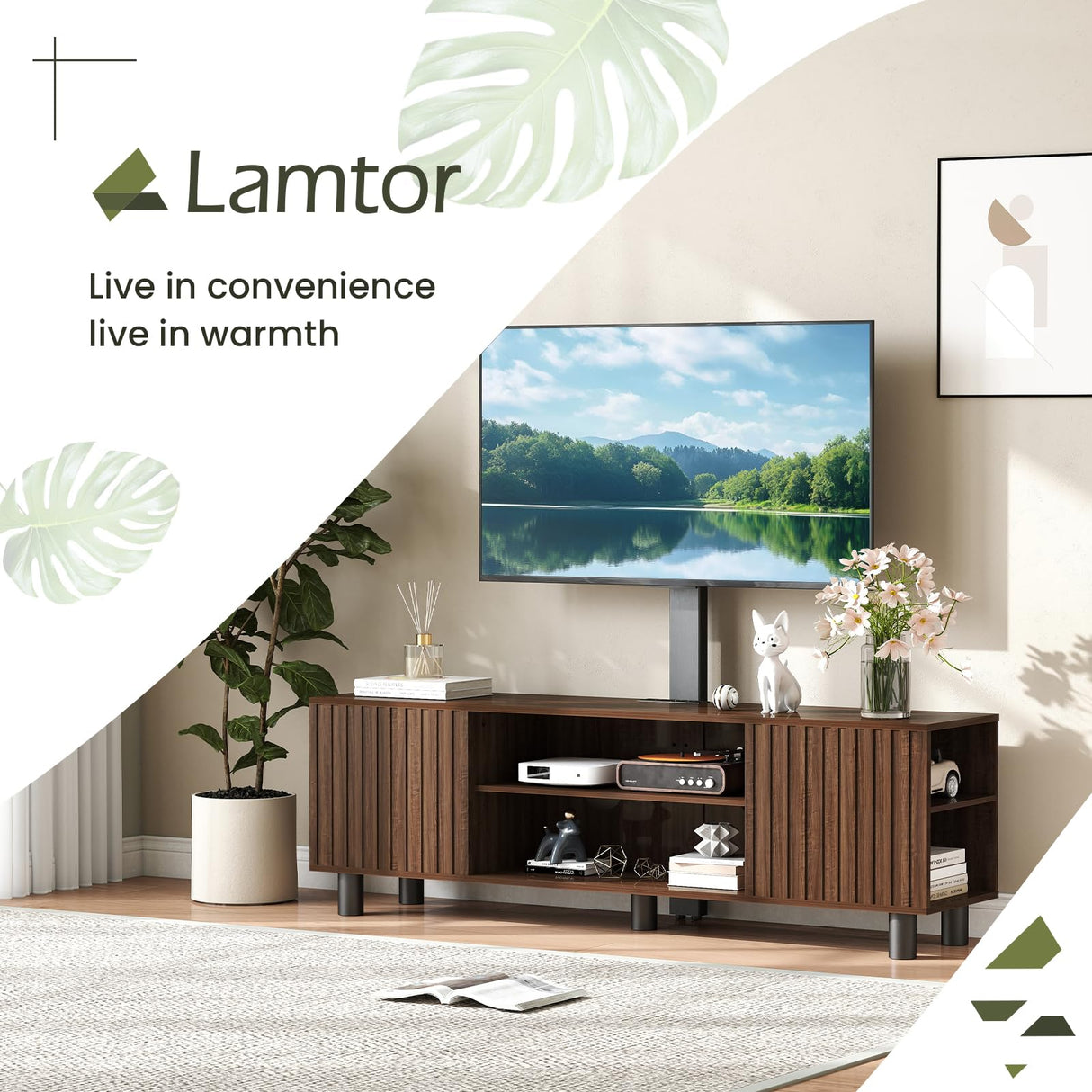 Lamtor TV-Stand with Mount and Power Outlet, Fluted TV Stand for 65 70 75 Inch TV, Entertainment Center with Storage, Media Console Table for Living Room, Walnut Lamtor