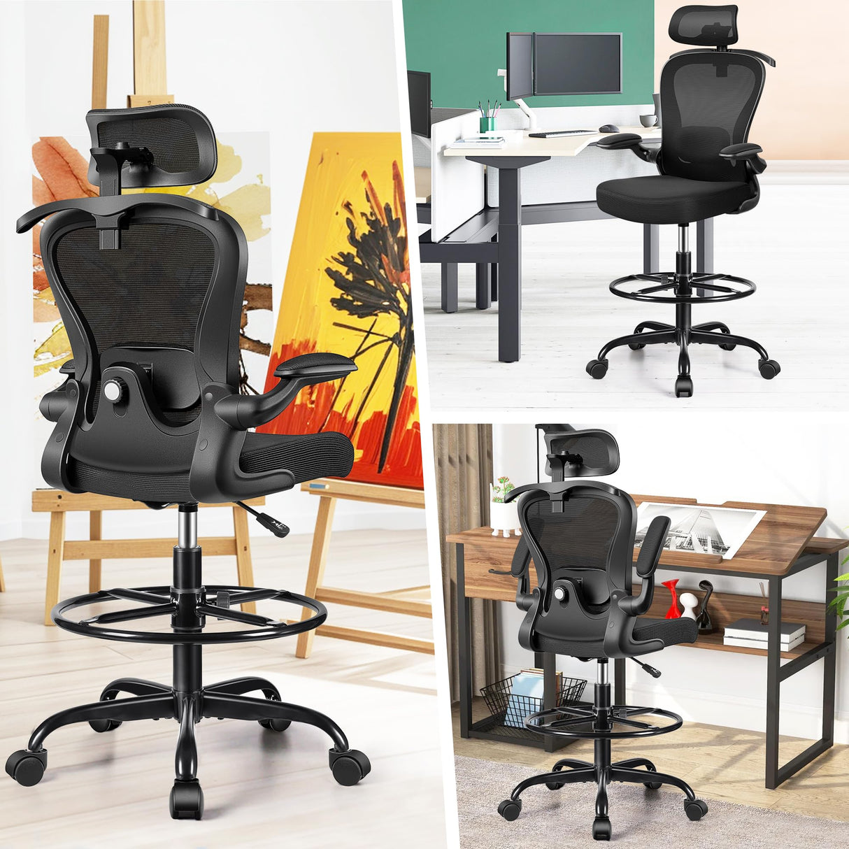 AtHope Drafting Chair, Tall Office Chair with 3D Lumbar & Head Support, Ergonomic Mesh Standing Desk Chair with Footring, Comfy Extended High Desk Chair with Flip-Up Arms & Hanger (Black) AtHope