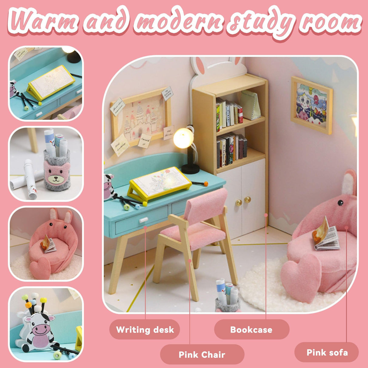 Kisoy Dollhouse Miniature with Furniture Kit, DIY 3D Wooden DIY House Kit A Corner of a Small Apartment Style with Dust Cover & LED,Handmade Tiny House Toys for Kids Adults Gift (Study Room) Kisoy