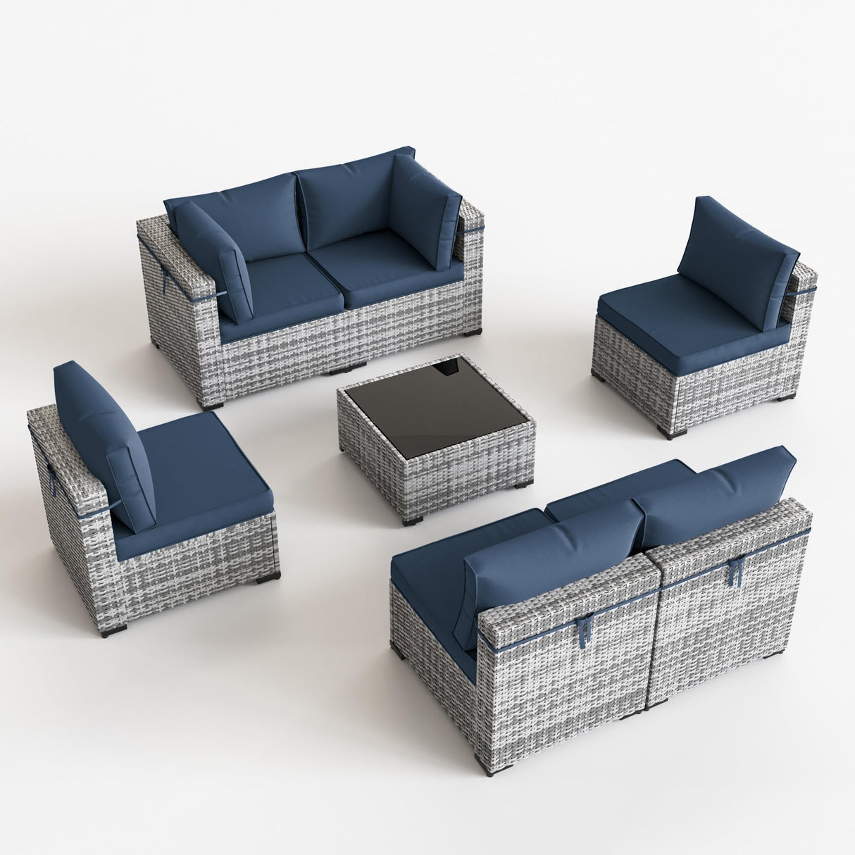 UDPATIO Patio Furniture Sets, Modular Rattan Outdoor Patio Sectional Furniture Sofa Set, Wicker Patio Conversation Set for Backyard, Deck w/Coffee Table, 7PC Grey/Blue (Include Sofa Cover) UDPATIO