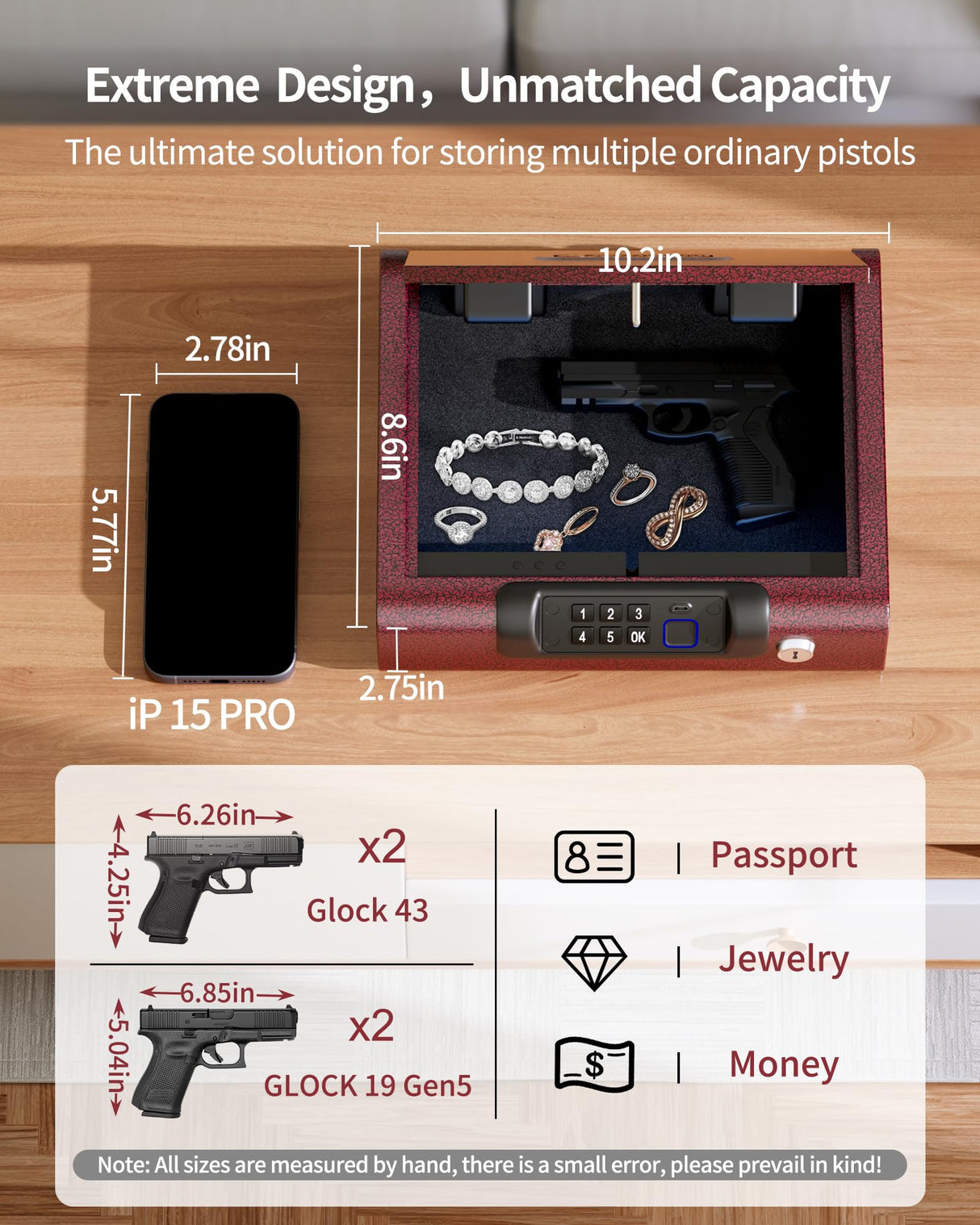 Gun Safe,Biometric Gun Safe for Pistols 3-Ways unlock Fingerprint Digital PIN Key Unlock with Voice,Lock box for Cloakroom living room Bedroom Nightstand and Car BILLCONCH - Burgundy Red BILLCONCH
