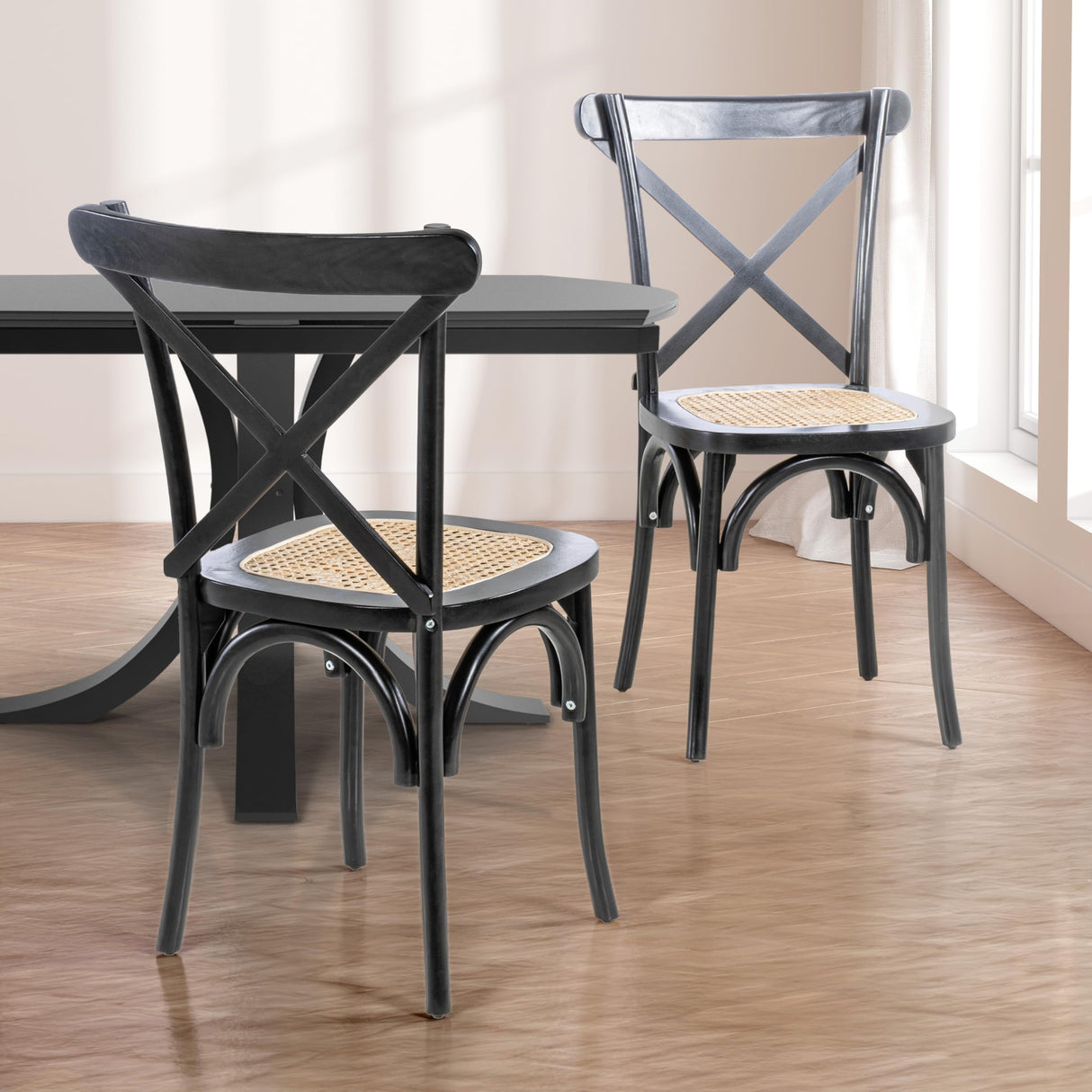 JONATHAN Y DNG1001D-SET2 Cassis Classic Traditional X-Back Wood Rattan Dining Chair French Country, Cottage, Vintage, Farmhouse, Shabby Chic, Black/Natural (Set of 2) JONATHAN Y