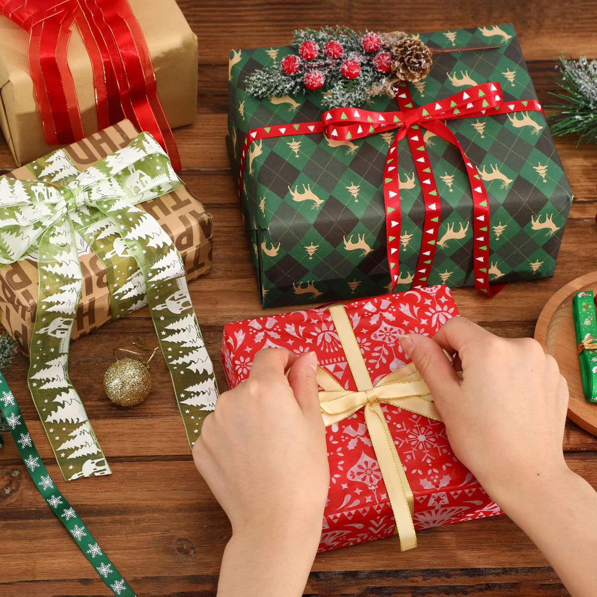 SANNIX 20 Pieces 3 Size Christmas Ribbons for Craft Holiday Printed Grosgrain Organza Satin Ribbons Metallic Glitter Fabric Ribbons Bulk Gift Wrapping Bow(20x2yd) SANNIX