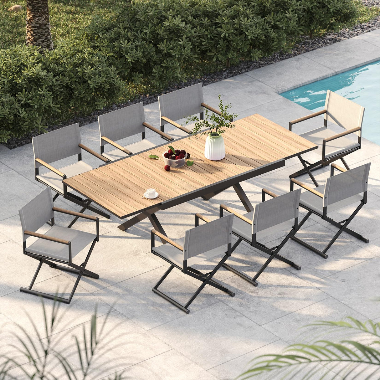Grand patio 9-Piece Outdoor Dining Set, 8 Extra-Wide Folding Chairs & 1 Rectangle Expandable Table for 6-8 Person, Sling Mesh Patio Chairs with Wood Grain Table for Yard, Poolside, Deck, Gray Grand patio