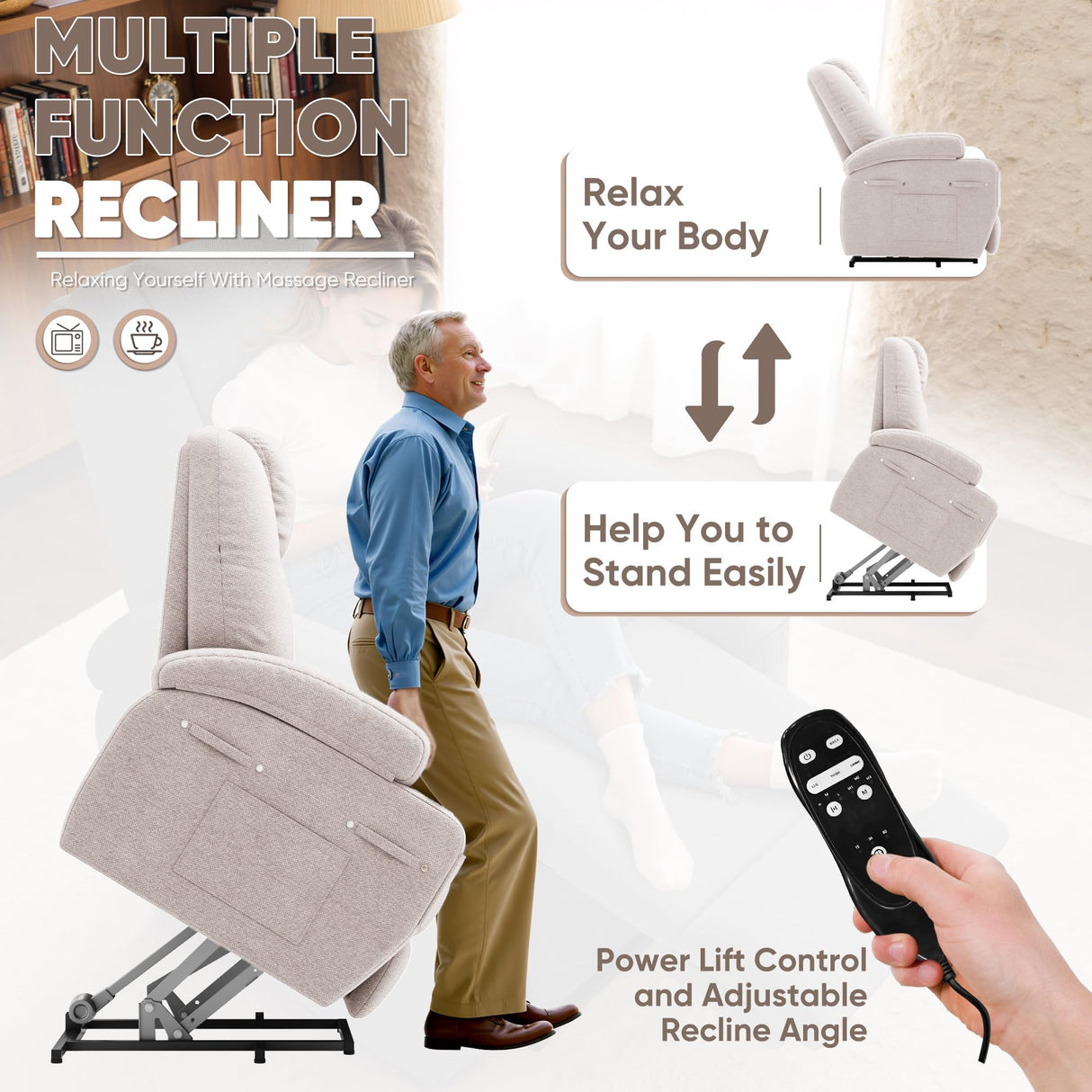 Power Lift Recliner Chair with Massage Electric Lift Chair for Elderly, Ergonomic Recliner with Cup Holders & Side Pockets, Modern Single Sofa for Living Room (Fabric, Beige) Shahoo