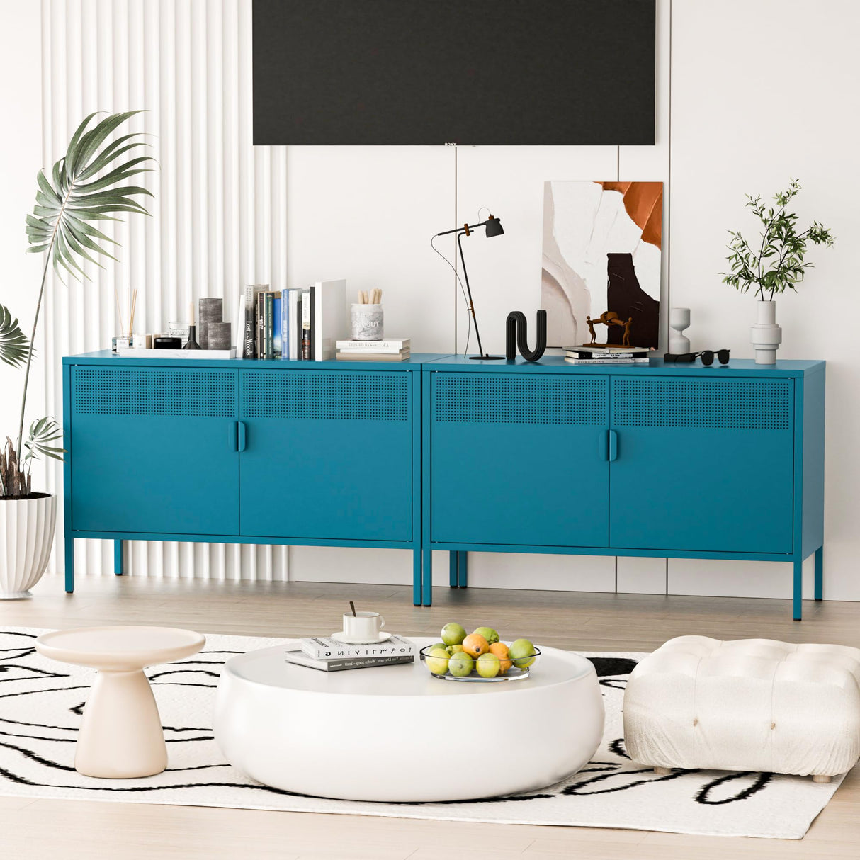 Washsemba 2 Door Storage Sideboard, Metal Storage Cabinet with 2 Adjustable Shelf,Multipurpose Metal Accent Cabinet for Office Home,Music Studio (Peacock Blue, 25''H) Washsemba