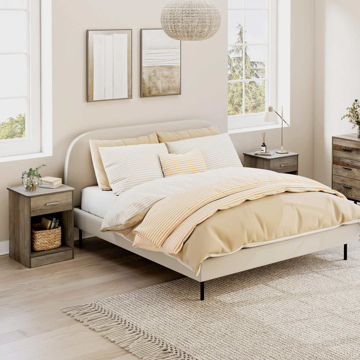 FOTOSOK Nightstand Set of 2, 2-Tier Side Table with Drawer and Storage Shelf, Bedside Table End Table, Modern Night Stand for Bedroom, Home Office,Vintage Grey FOTOSOK