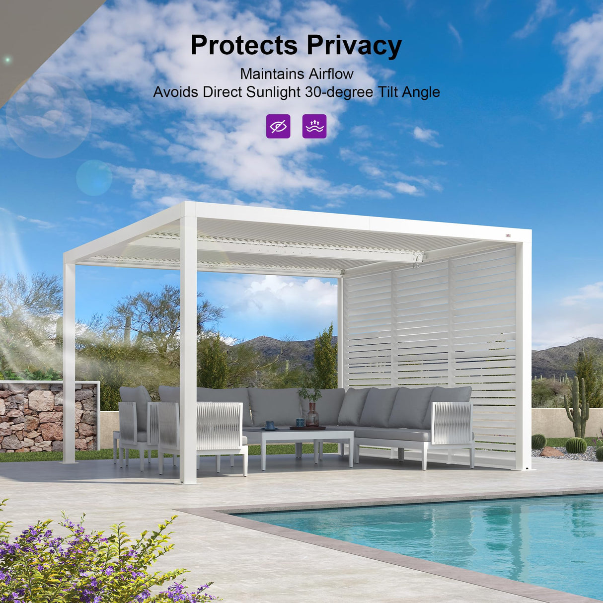 PURPLE LEAF Outdoor Louvered Pergola Accessory Aluminum Shutter Wall Divider Side Shade Privacy Screen Three Panels a Complete 12' Side Fixed Louvered Wall, Pergola Not Included PURPLE LEAF