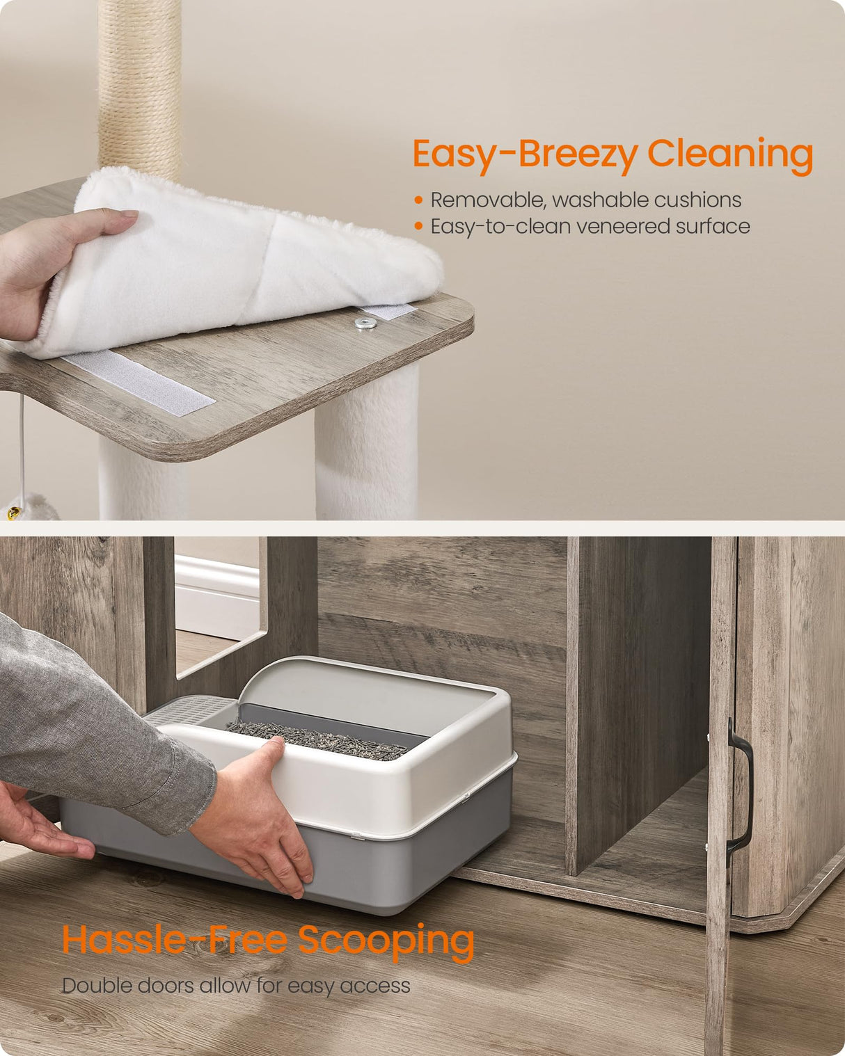 Feandrea Cat Tree, 66.9-Inch Cat Tower with Litter Box Enclosure, Large Cat Condo with Food Station, Storage, Scratching Posts, Cat Cave, Hammock, Washable Cushions, Heather Greige UPCT169K02 Feandrea