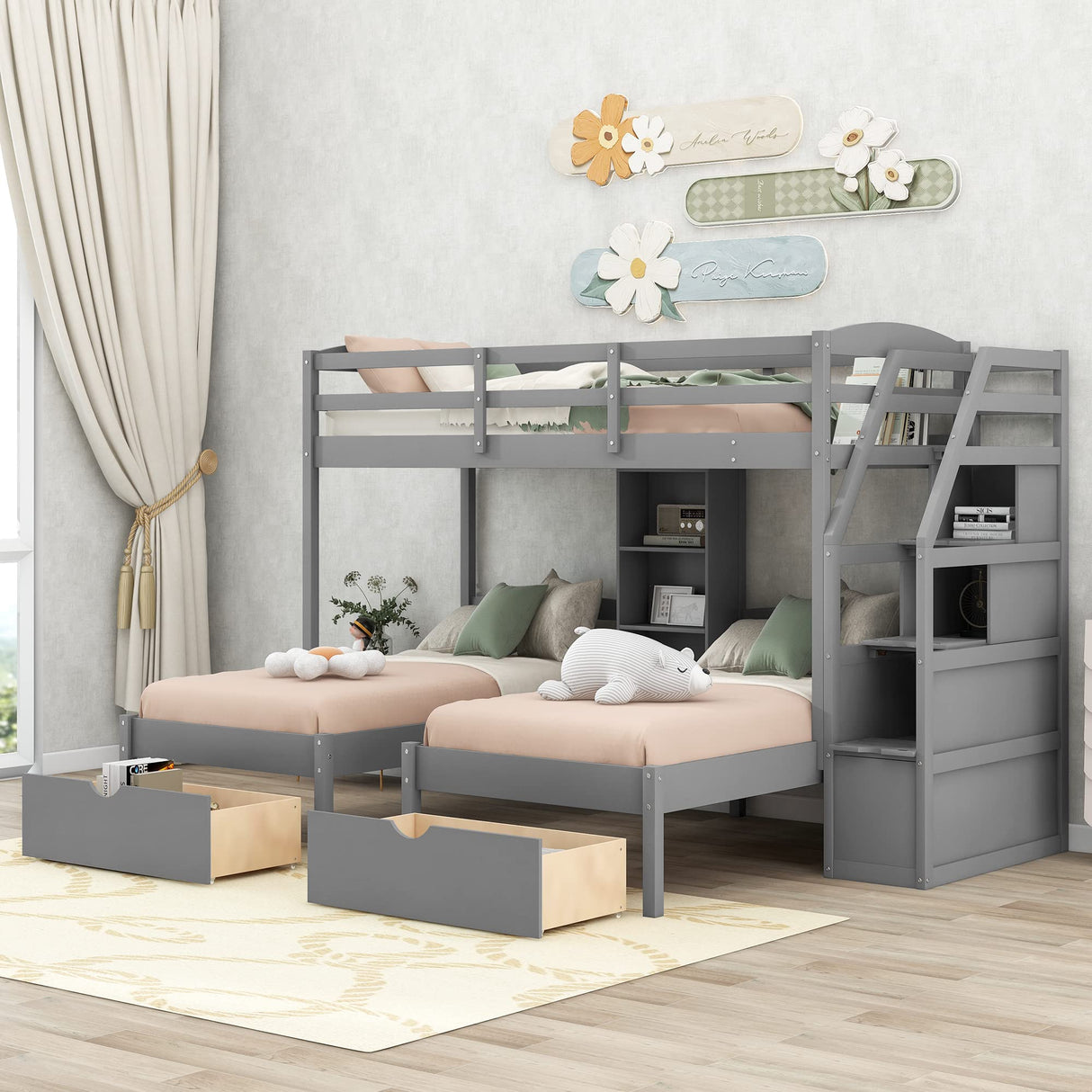 Triple Bunk Beds with Stairs and Storage Drawers, Twin Over Twin&Twin Bunk Bed for 3 Kids, Wooden 3 Bunk Beds Frame with Built-in Shelves for Kids,Teens, Adults, No Box Spring Needed (Gray) Harper & Bright Designs