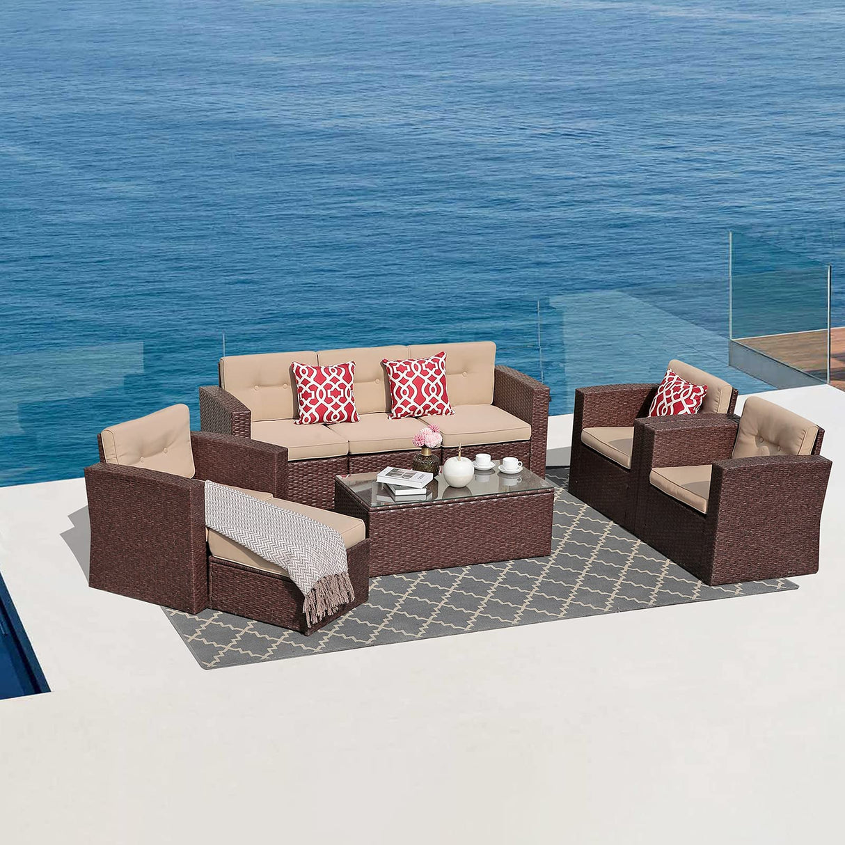 Super Patio 8 Piece Outdoor Patio Furniture Set, Patio Conversation Sets, All-Weather PE Wicker Outdoor Sectional Sofa with Ottoman, Tempered Glass Coffee Table, Three Red Pillows, Espresso Brown Super Patio