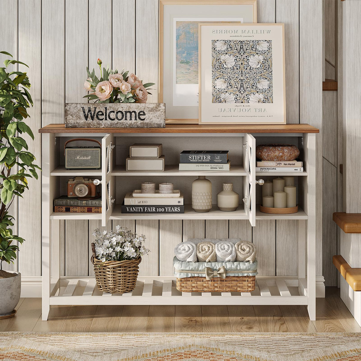 Maupvit Entryway Table with 2 Doors, Farmhouse Sofa Table with Adjustable Storage Shelf,Console Table for Entryway, Hallway,Living Room,White Behind Couch Table Maupvit