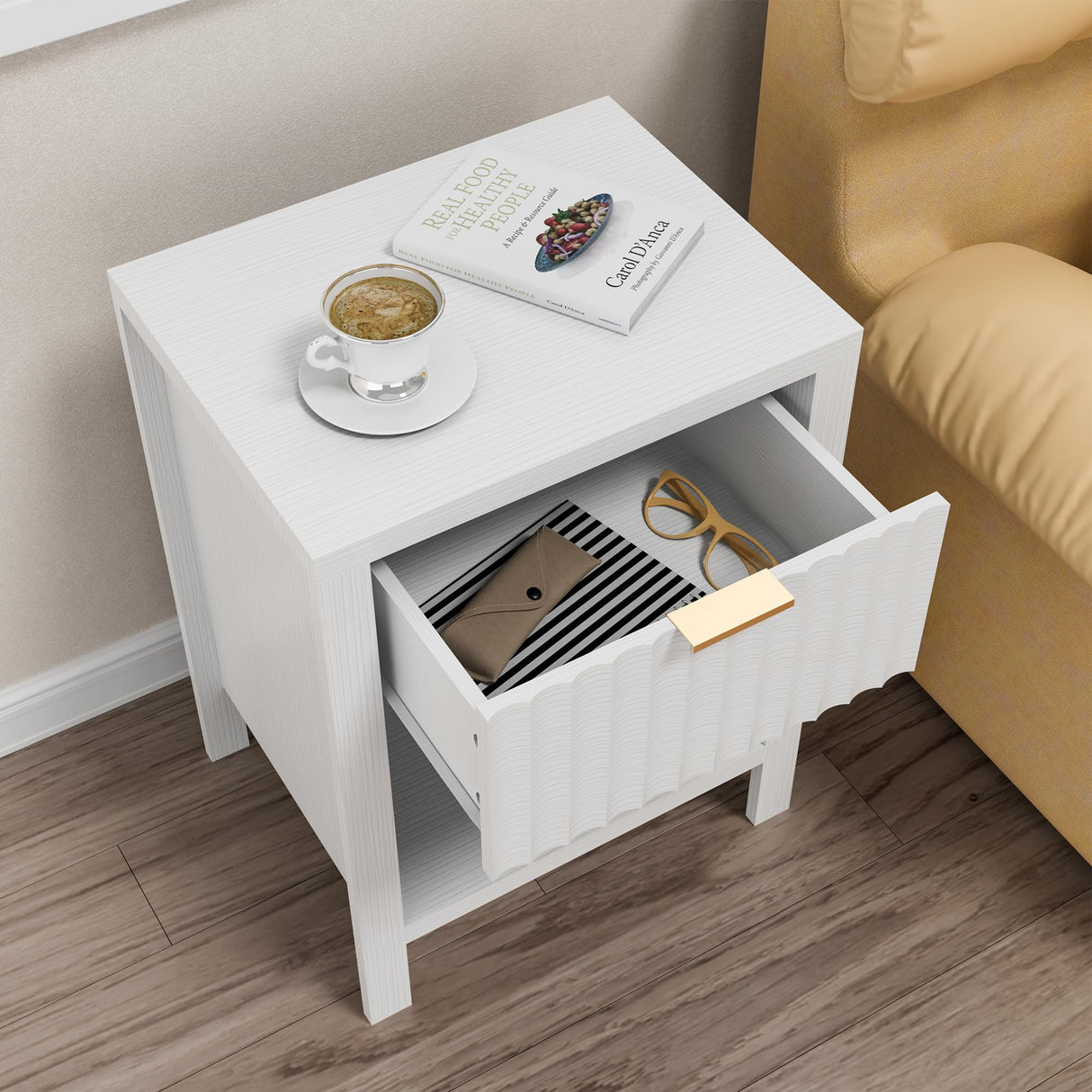 Anbuy White Nightstands Set of 2,Fluted Nightstands with Metal Handle,Wooden End Side Table White Bedside Table for Bedroom,Living Room Anbuy