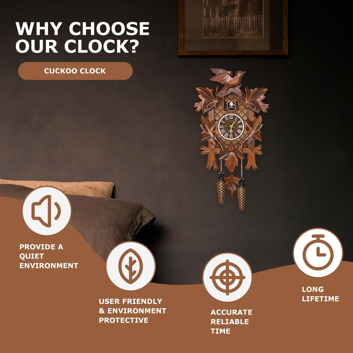 STRONGBERRY Handcrafted Cuckoo Wall Clock with Silent Movement, Pendulum & Chime Function - Classic Vintage Wooden Cuckoo Clock - 18.11 x 9.84 x 3.94 inches STRONGBERRY