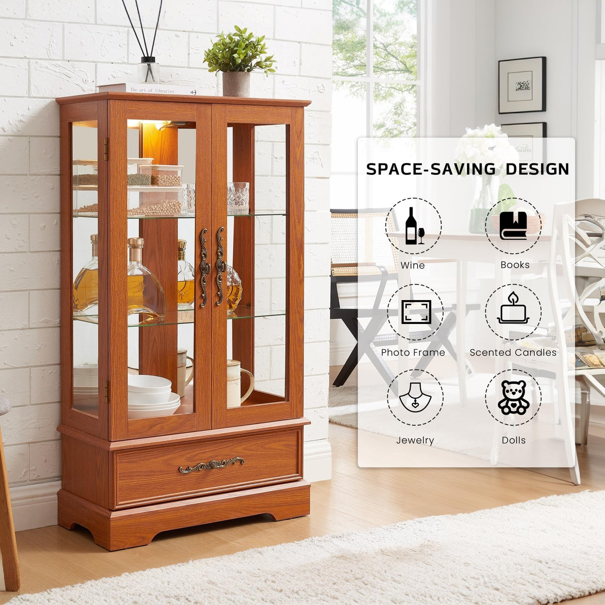 Eyisean Lighted Curio Cabinet 47" H China Cabinet with Tempered Glass Doors, 3-Tier Adjustable Shelves and Acrylic Mirrored Back Pane, Glass Display Cabinet for Living Room (Dark Oak) Eyisean