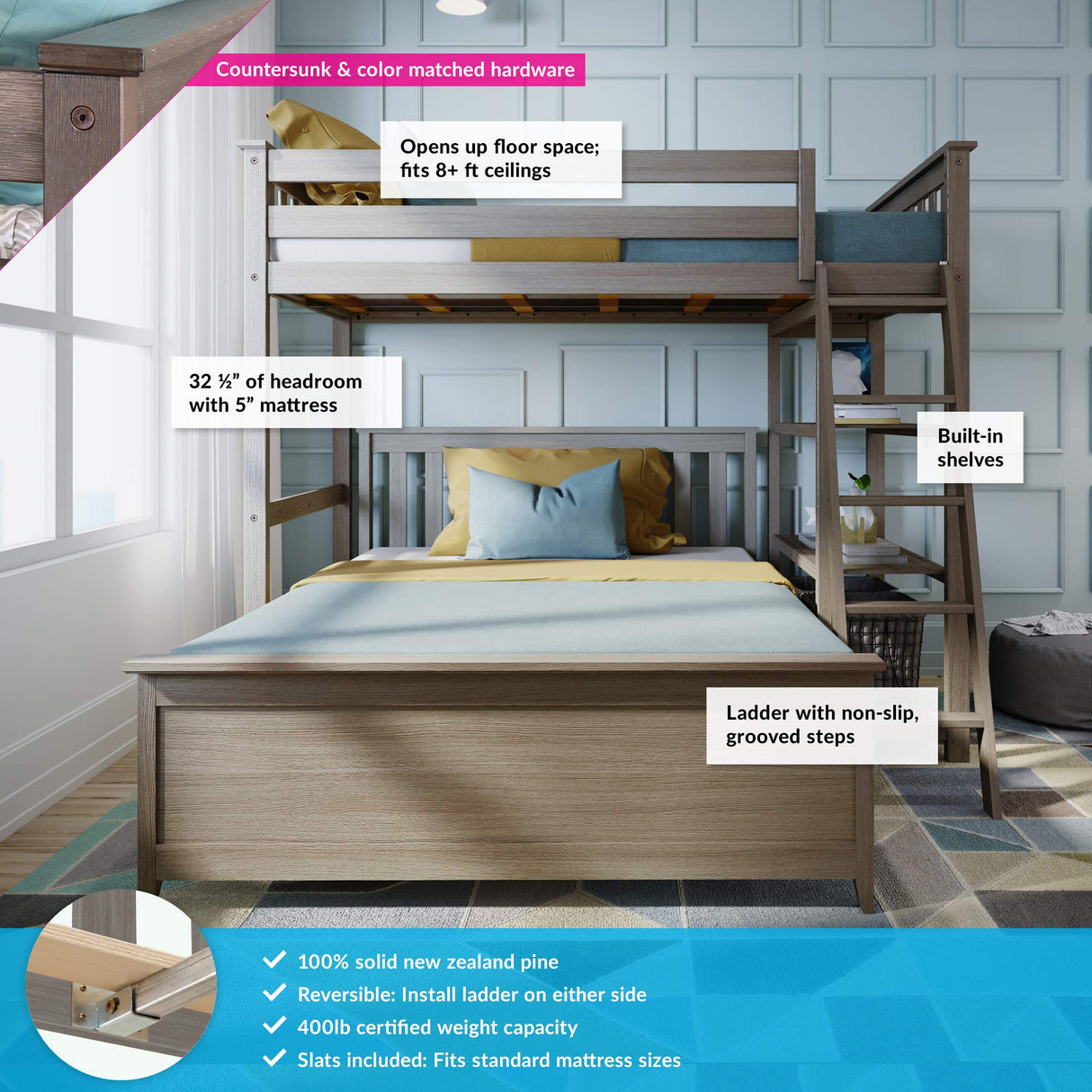 Max & Lily L Shape Twin over Full Bunk Bed with Bookcase, Clay Max & Lily