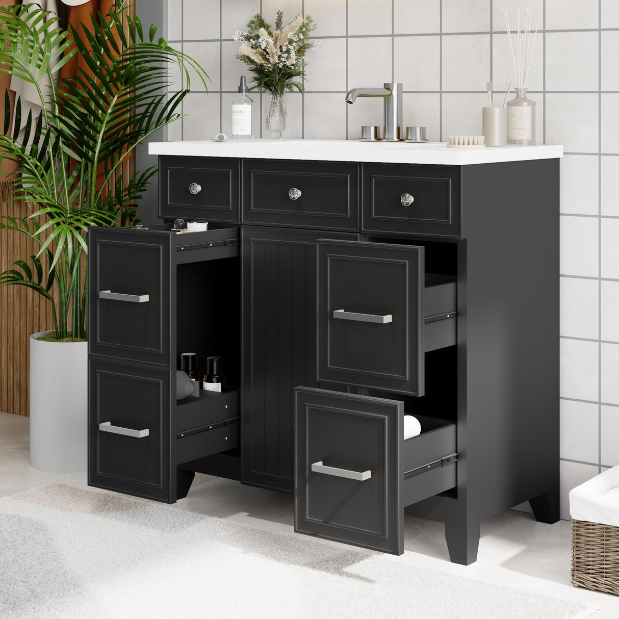 Mirightone 36" Bathroom Vanity with Sink, Bathroom Vanity 36 Inch with Sink, 36 Vanity with Sink for Bathroom, 36 in Restroom Vanity with Top, Soft Closing Door and 3 Drawers, No Faucet (Black) Mirightone