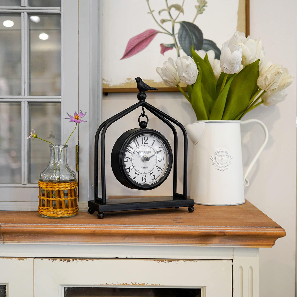 SOFFEE DESIGN 7.5'' x 10'' Mantel Clock Iron Tower Frame, Creative Bird Ornament Tabletop Clock, Silent Clock with Hollow Carved Back Cover for Home Decor, Black SOFFEE DESIGN