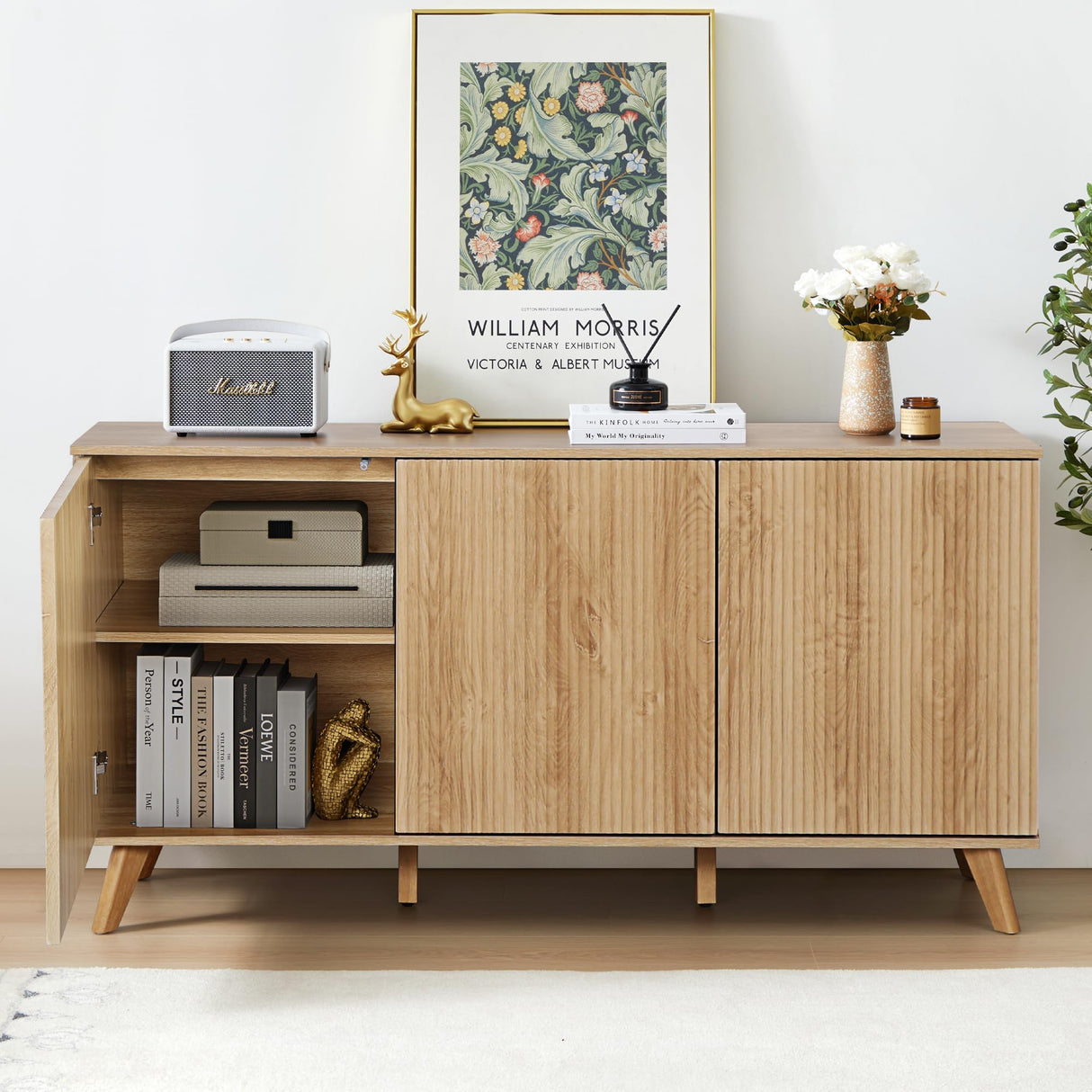 Fluted Sideboard Buffet Cabinet with Storage, Modern Storage Cabinet with 3 Doors, Wood Credenza Buffet Sideboards, Bar Cabinets Console Table for Kitchen Dining Living Room Entryway (Natural) XUZENEST