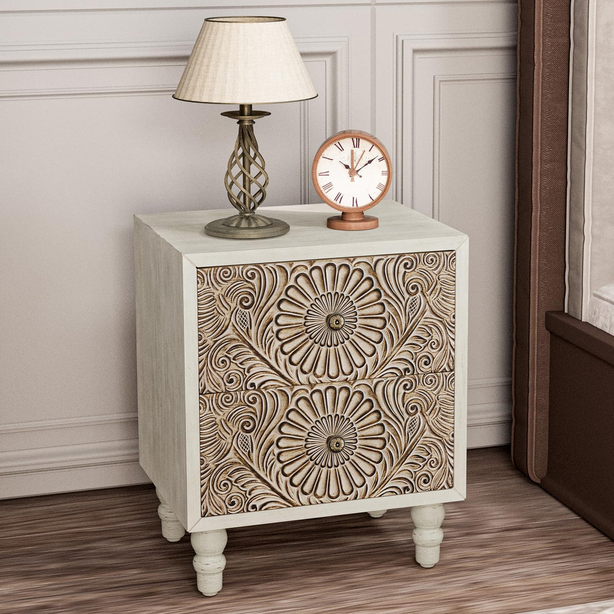HOMPUS End Table with 2 Drawers Sets of 2, 2 Tier Bedside Table Sets, Wood Grain Nightstand, Small Accent Table with Pattern Drawer, Side Table for HOMPUS