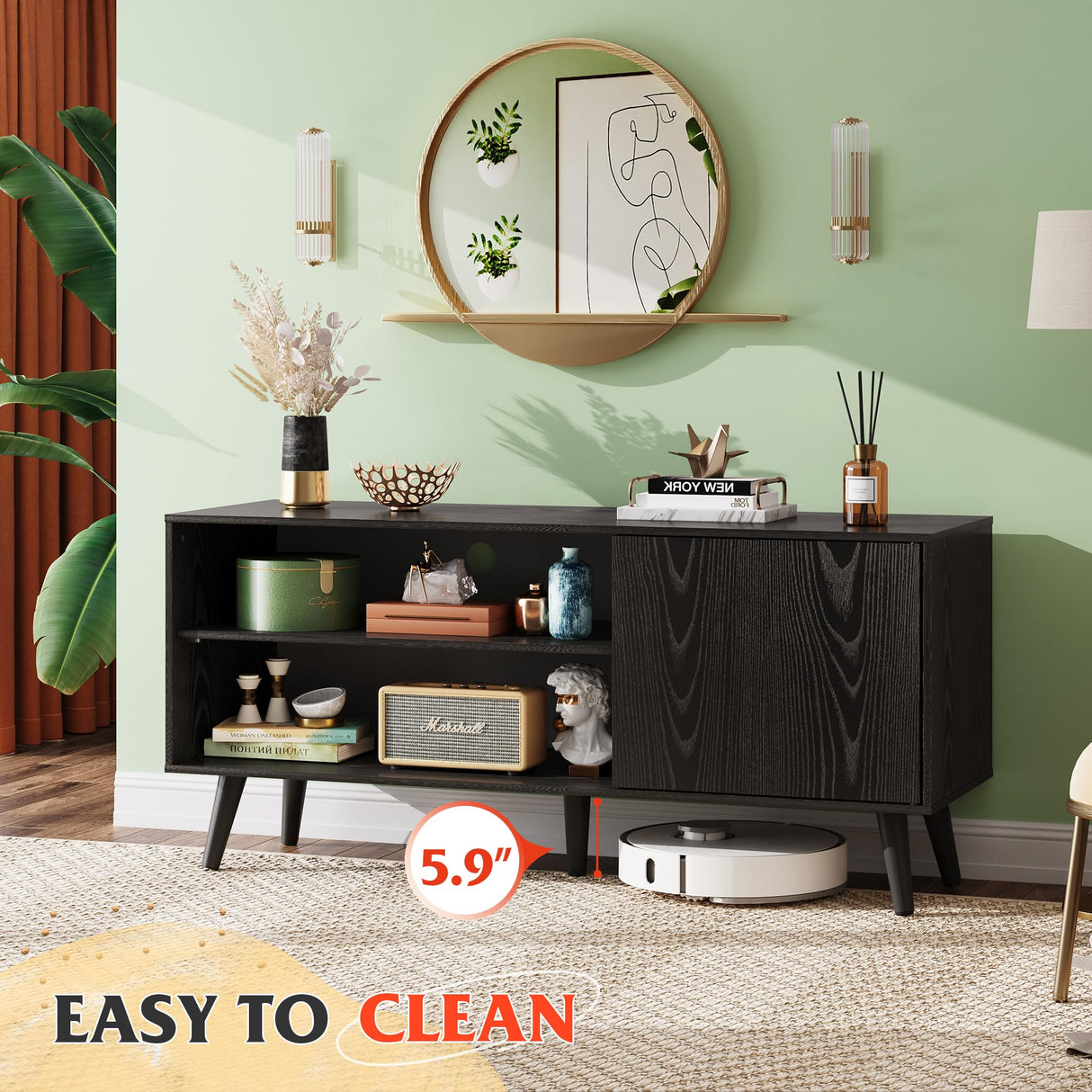 WLIVE TV Stand for 55 Inch TVs, Entertainment Center with Storage Cabinet, Mid-Century TV Stands for Living Room and Bedroom, 50" TV Console, Black WLIVE