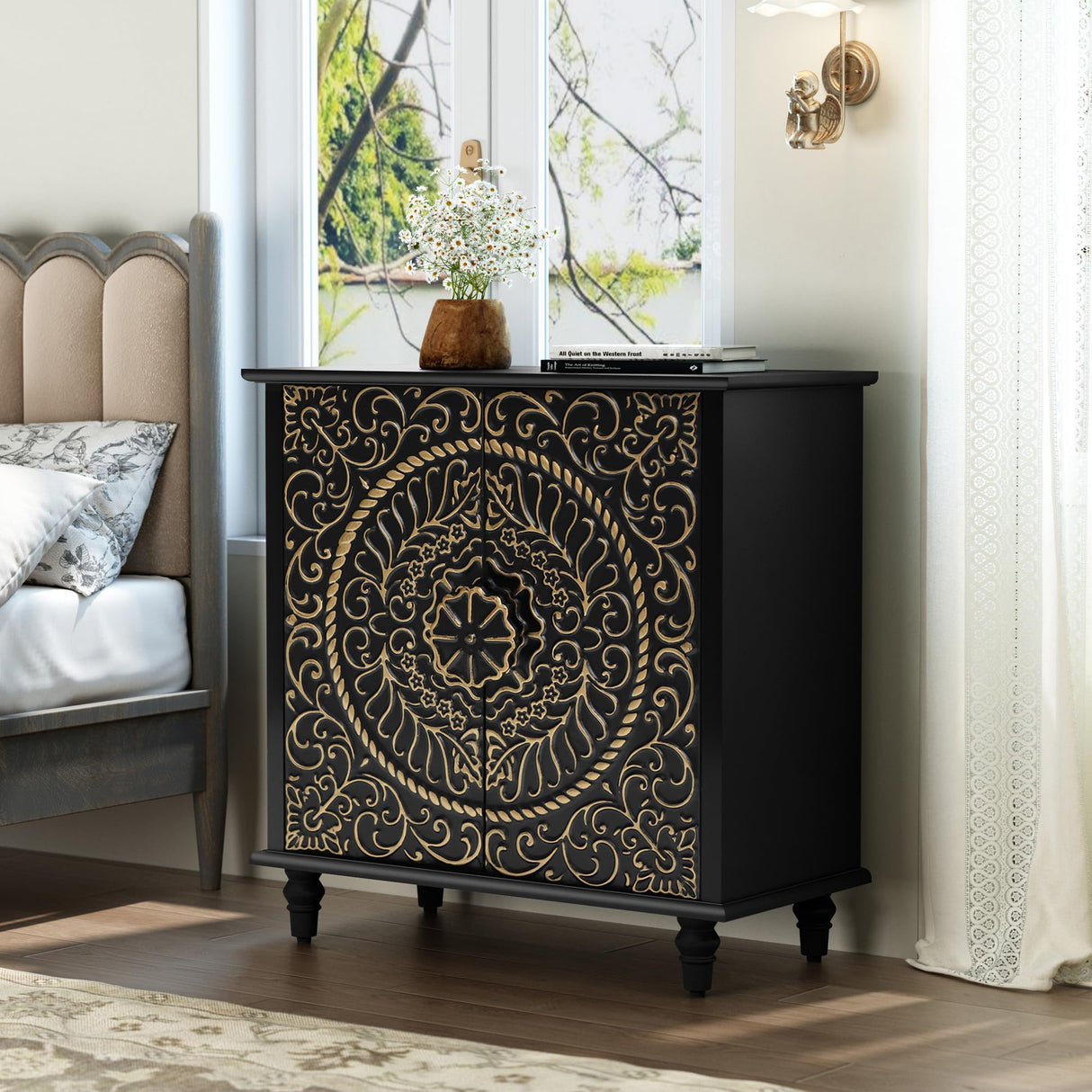 ARTPOWER Accent Cabinet with 2 Doors, Decorative Storage Cabinet with Carved Flower Pattern, Black Sideboard Buffet Cabinet, Wood Credenza with Storage for Entryway, Living Room, Kitchen, Dining Room ARTPOWER