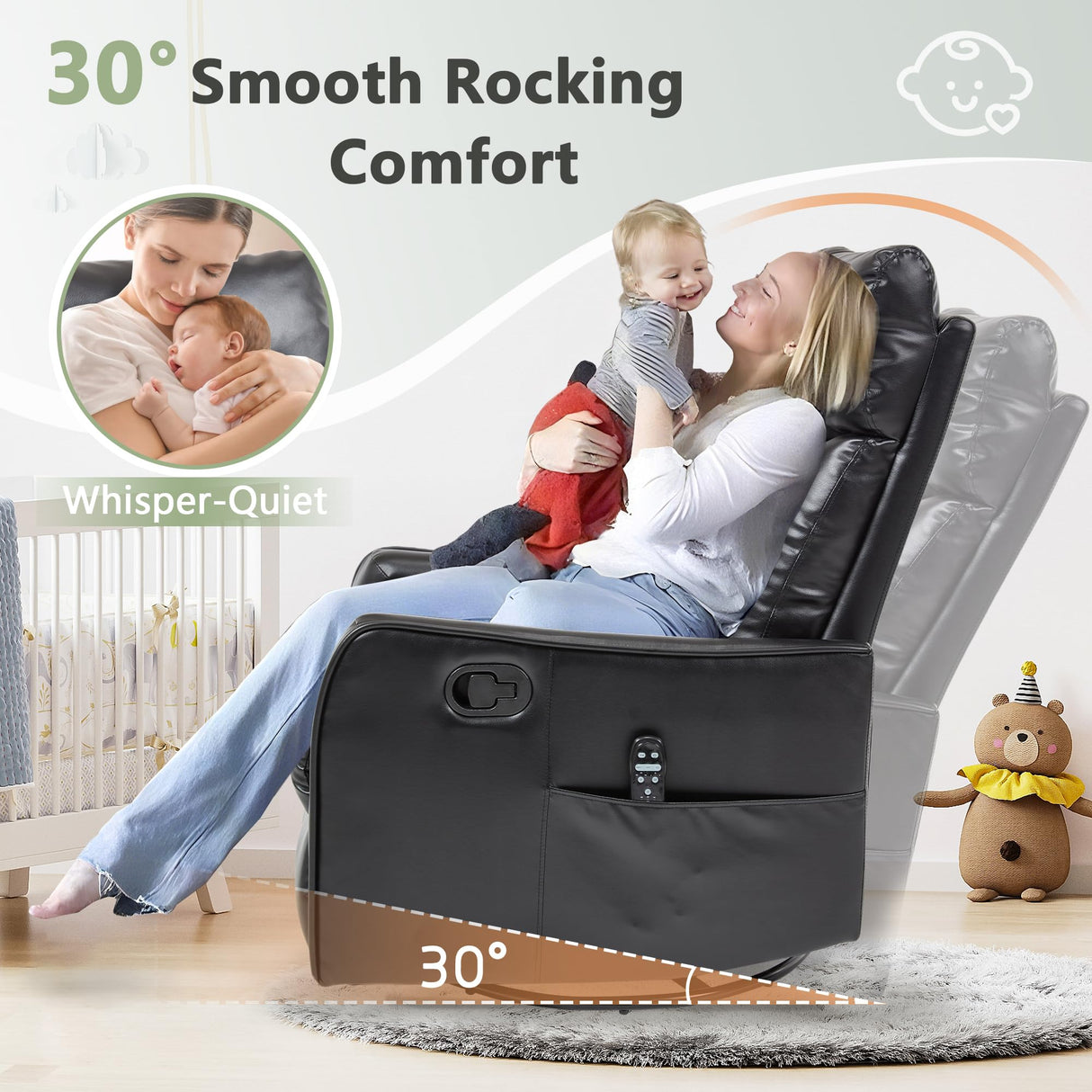 cinkehome Heated Massage Swivel Rocker Recliner Chair for Nursery - Small Space Reclining Chair with Lumbar Support, 360° Swivel & Gentle Rocking, Ergonomic High Back Faux Leather Black cinkehome