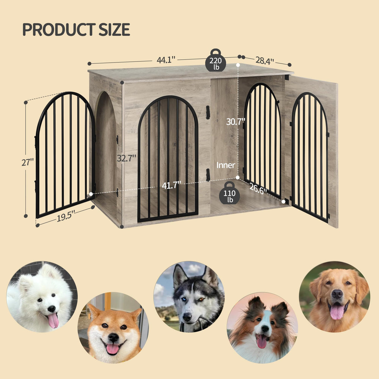 Hzuaneri 44.1" Dog Crate Furniture, Dog Kennel Indoor Arched Door Design, Wooden Dog Crate Furniture for Small/Medium/Large Dog, Side Table, TV Stand, Anti-Chew, Anti-Escape, Greige Black Hzuaneri