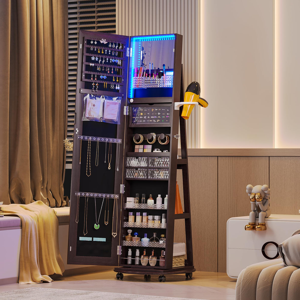 HNEBC 360° Swivel Jewelry Armoire with Mirror, LED Mirror Jewelry Cabinet Standing, Full Length Mirror with Jewelry Storage, Standing Jewelry Organizer/Lockable Wheels/Foldable Makeup Shelf (Brown) HNEBC