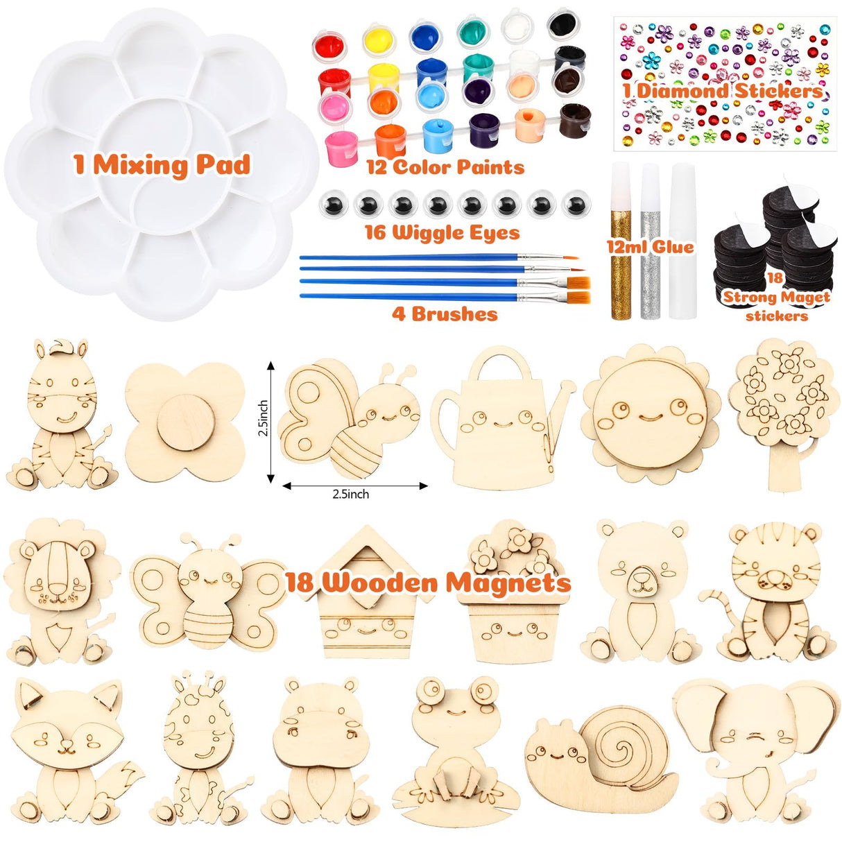 Relaxweex 18 Pcs DIY Wooden Magnets Painting Kit, Forest Animals Summer Arts and Crafts Supplies Wooden Painting Craft Activities Kit for Family Gifts Birthday Party Favors Christmas Easter Relaxweex