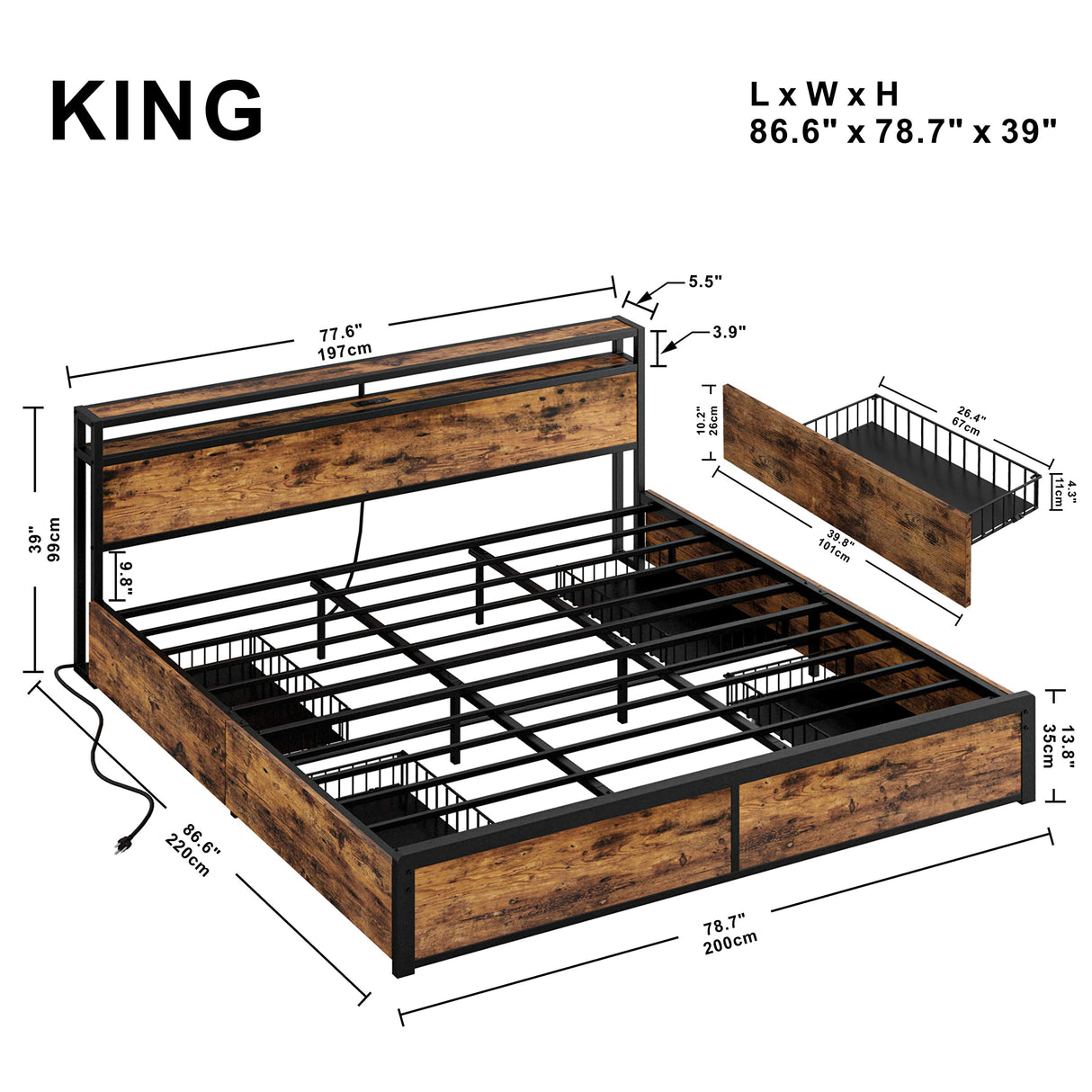 Stunning LIKIMIO King Bed Frame with Storage Drawer & Charging Headboard in Vintage Brown LIKIMIO