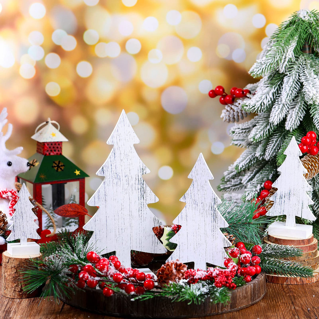 Sawysine 4 Pcs Wooden Christmas Tree Tabletop Decor Rustic Wood Christmas Trees Table Centerpieces Christmas Tiered Tray Decor Wood Trees with Rectangular Base for Xmas Winter Holiday (White) Sawysine