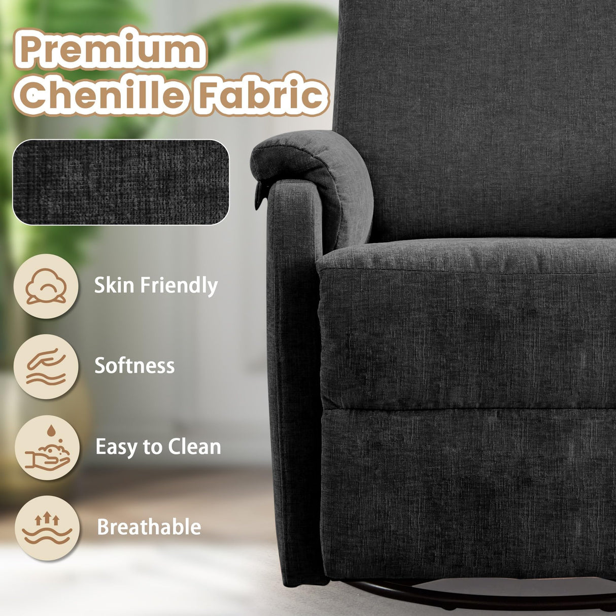 Korser Recliner Chairs, Swivel Rocking Recliner Chair for Adults, Glider Rocking Chair, Small Nursery Chair Recliner for Living Room, Reclining with Modern-Designed Armrests, Chenille, Black Korser