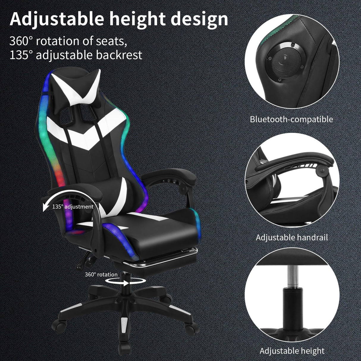 PERZOE Gaming Chair, Office Chair with Foot Rest, Pocket Spring Cushion, Bluetooth Speakers Ergonomic Chair Massage Chair Multiple RGB Led Light Gaming Chairs for Adults 350lbs White&Black PERZOE