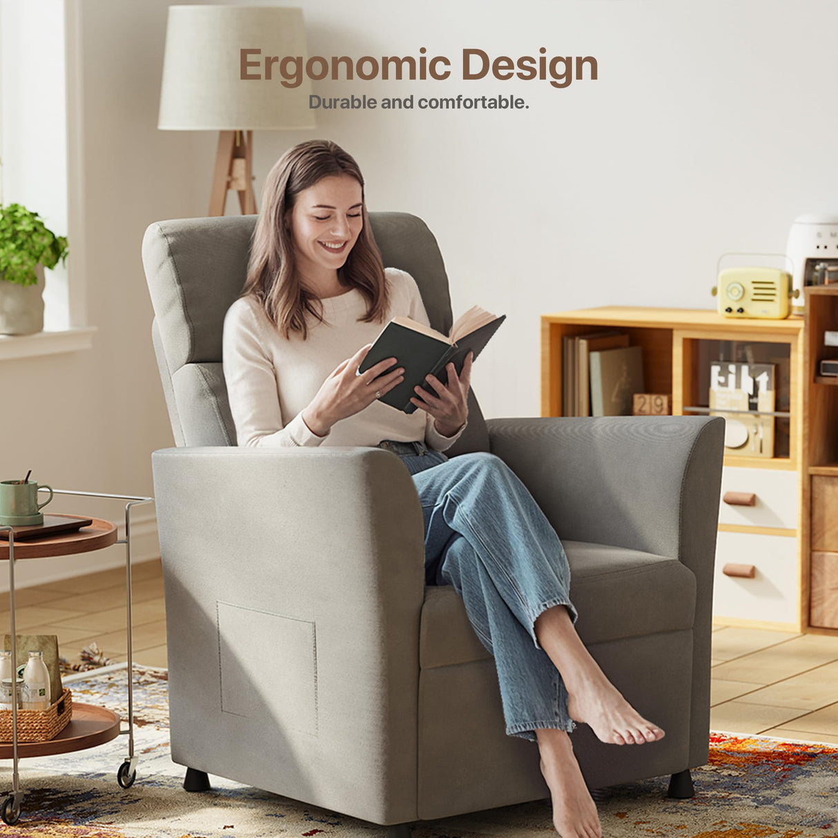 Claiks Power Recliner Chair for Adults, Adjustable Reclining Chair, Comfortable Recliner Couch with Side Pockets&Wire Remote Control, for Living Room, Home Theater, Bedroom, Linen Fabric, Light Grey Claiks