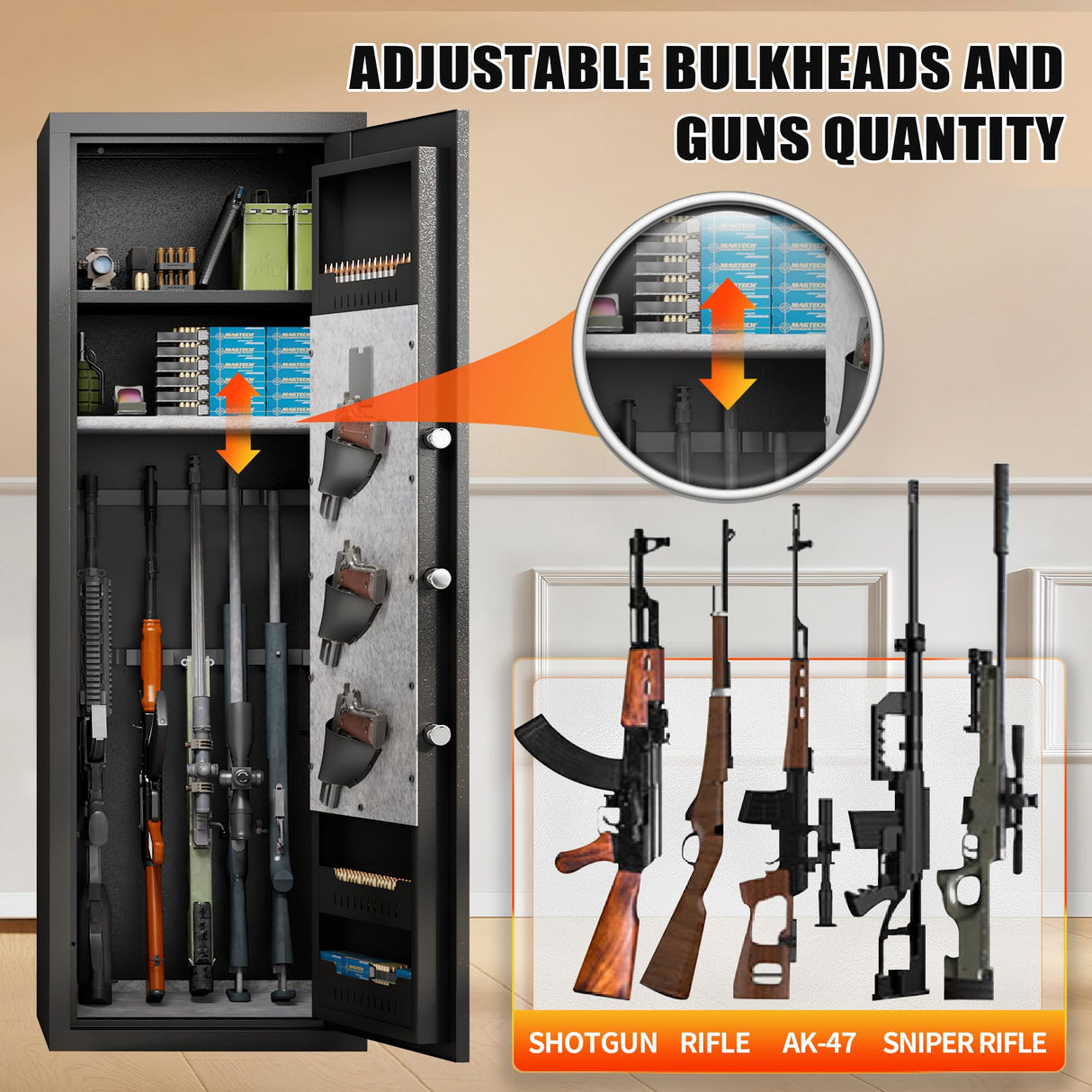 ErgoNova 57" Large Gun Safe,Biometric 5-Gun Safe Cabinet,Quick Access Long Gun Pistols,Rifles and Shotguns Gun Cabinet,with 3 Pistol Bags and LED Light Adjustable Gun Rack,Assembled(Black) ErgoNova