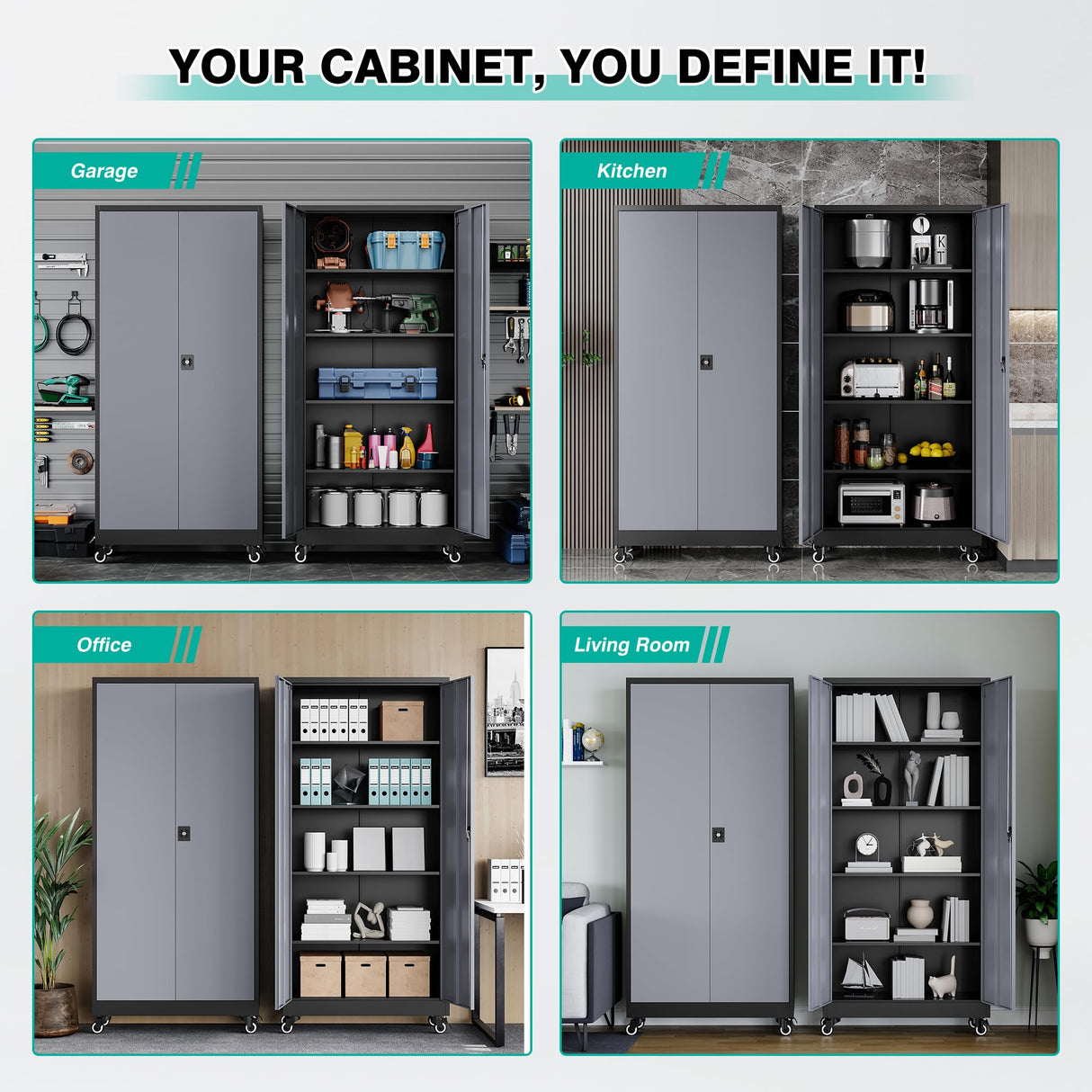 SISESOL Metal Storage Cabinet with Wheels,75 inch Rolling Garage Storage Cabinet with Lock,Gray Metal Cabinets with Wheels and Shelves,Tall Tool Cabinets on Wheel for Garage,Home,Office,Shop SISESOL