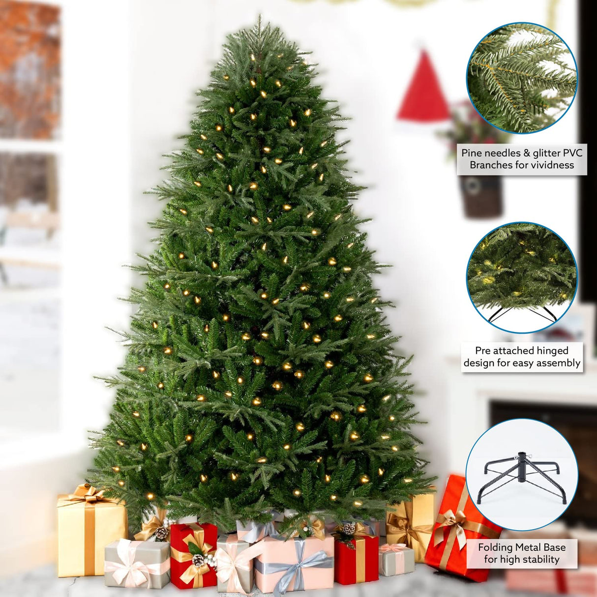 Camden 7.5ft Prelit Artificial Christmas Tree with Foot Pedal, 2755 Branch Tips, 600 Warm Lights and Metal Stand, 58" Wide Realistic Hinged Christmas Tree with Lights by Naomi Home Naomi Home